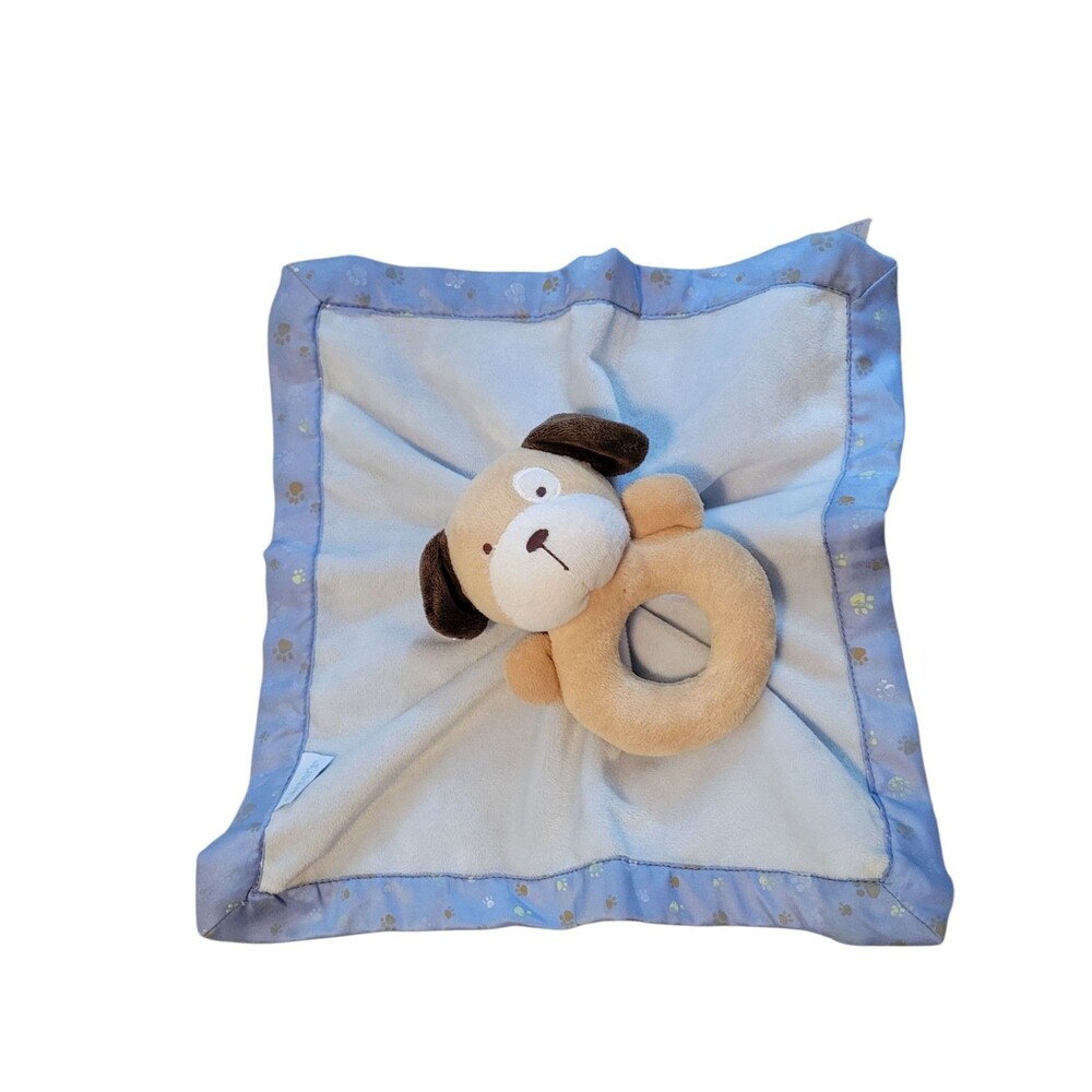 Carters Blue Brown Puppy Dog Plush Baby Lovey Security Blanket Rattle